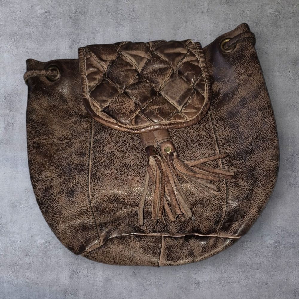 Sirimiri Leather Brown Backpack Distressed BOHO Look Tassels Cotton Lining Nwt